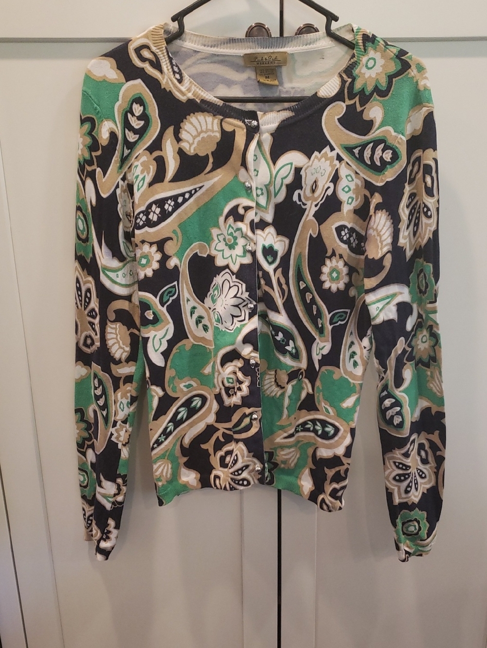 Peck & Peck Cream, Navy & Green Paisley Cardigan